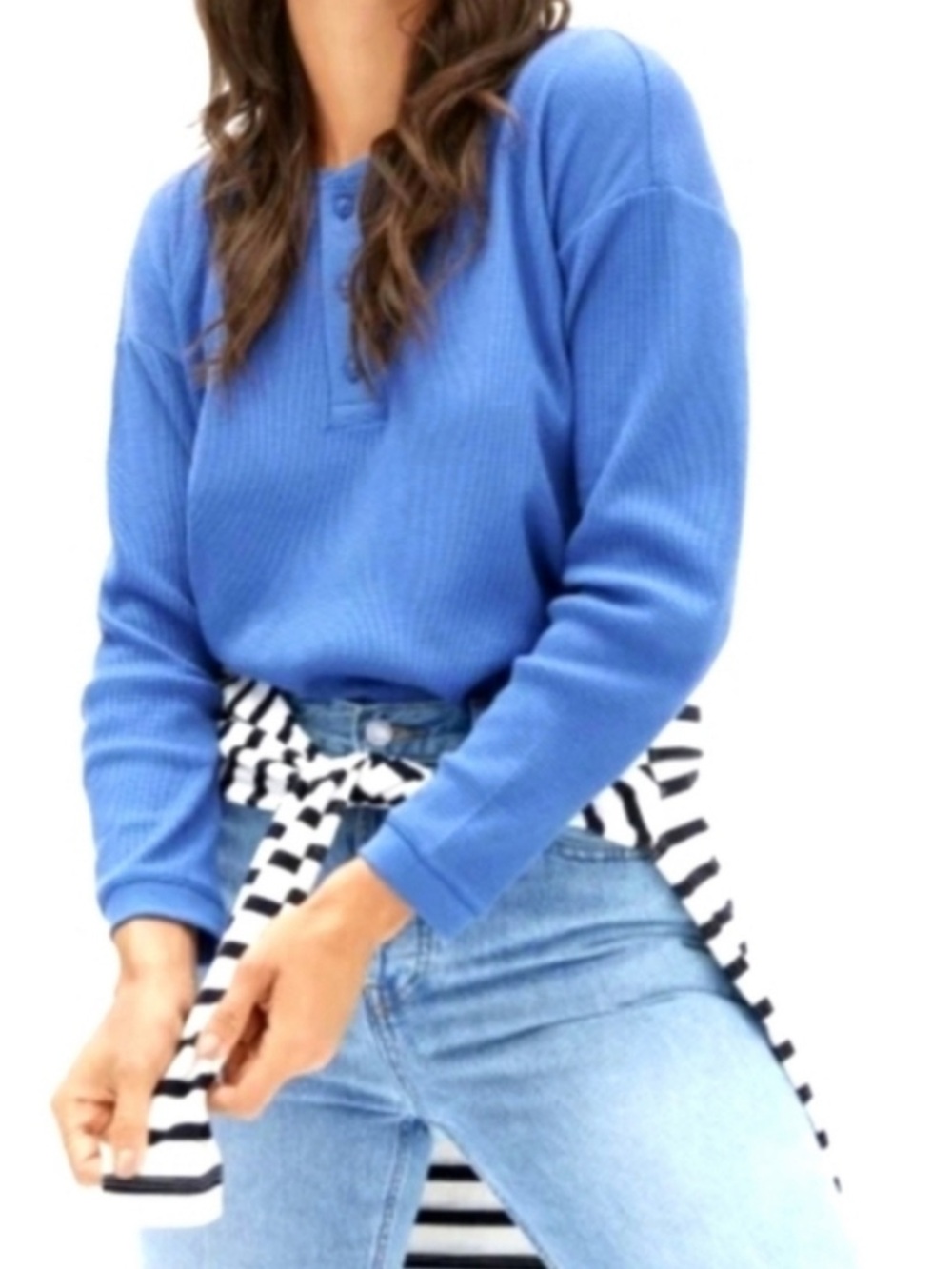 Everlane Blue Organic Cotton Waffle Crewneck Henley Sweater Small